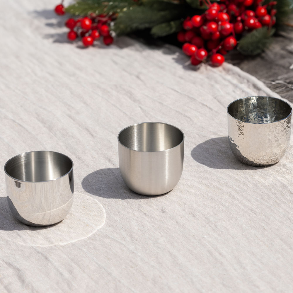 3 pewter Jefferson cups with different finishes