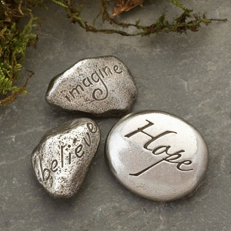 3 pewter stones with the words imagine, believe, and hope