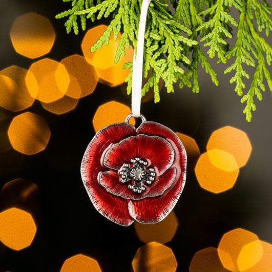 Poppy ornament hanging in front of lights